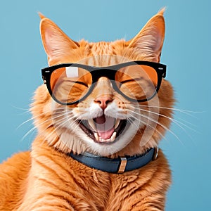 Orange cat with sunglasses on blue background. AI generated.