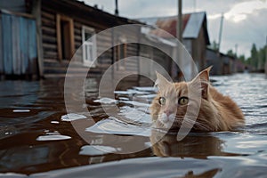 Orange cat swimming through floodwater. environmental change, global warming, floods, animal safety, climate crisis photo