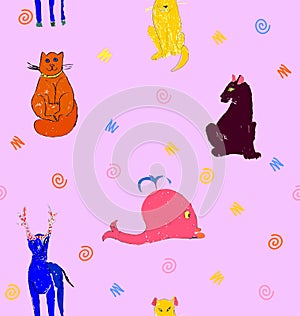 Orange cat, yellow dog, brown panther, deer blue, pink whale