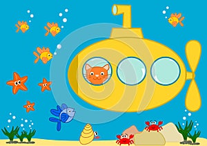 Orange cat in a yellow submarine funny cartoon illustration