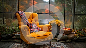 An orange chair against a glass wall.
