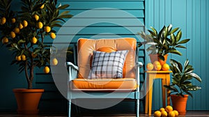 An orange chair with a pillow and a table next to oranges