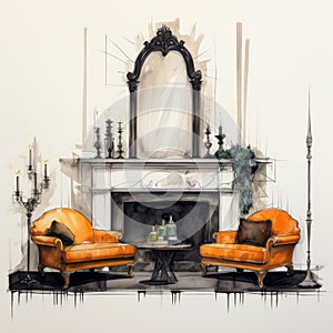 Timeless Elegance: Orange Couches And Fireplace In Drawing Illustration Style