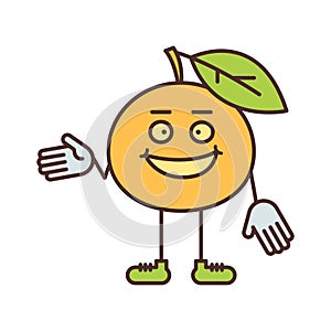 Orange character points hand and smiling