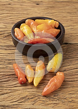 Orange cheiro scent/smell pepper on a bowl over wooden table photo