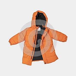 Orange children`s winter autumn jacket with a hood isolated on gray background. Waterproof jacket for child, warm down jacket.