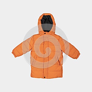 Orange children`s winter autumn jacket with a hood isolated on gray background. Waterproof jacket for child, warm down jacket.