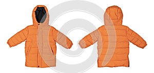 Orange children`s winter autumn jacket with a hood isolated on white background. Front and back view. Waterproof jacket for child