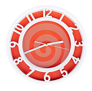 Orange circle wall clock isolated on white background with clipping path