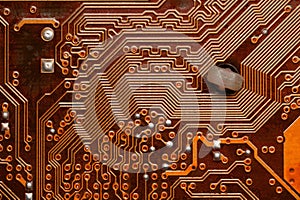 Orange Circuit board, electronic computer hardware technology. Motherboard digital chip. Technical science