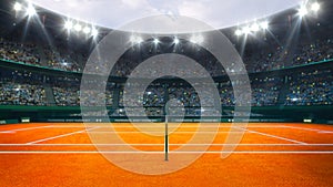 Orange clay tennis court and illuminated outdoor arena with fans, referee side view.