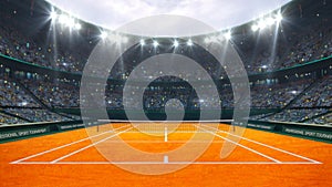 Orange clay tennis court and illuminated outdoor arena with fans, upper front view.