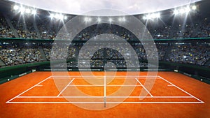 Orange clay tennis court and illuminated outdoor arena with fans, upper side view.