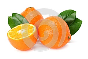 Orange clementine or minneola tangelo with slices and green leaves isolated on white background. Tangerine. Citrus fruit