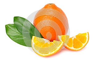 Orange clementine or minneola tangelo with slices and green leaves isolated on white background. Tangerine. Citrus fruit