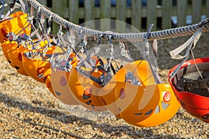 Orange climbing helmets