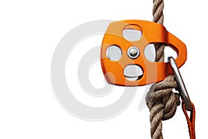 Orange Climbing Pulley with rope and carabiner