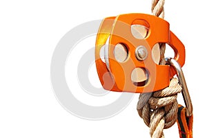 Orange Climbing Pulley with rope and carabiner (isolated)