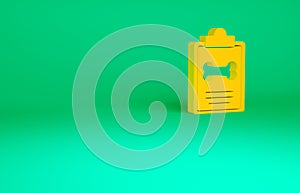 Orange Clipboard with medical clinical record pet icon isolated on green background. Health insurance form. Medical