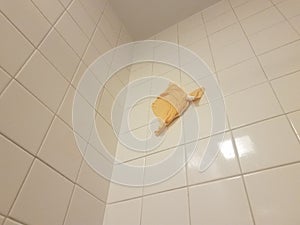 Orange cloth or rag stuck on bathroom tiles