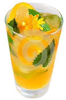 Orange cocktail decorated with flower, isolated on white background.