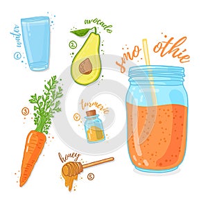 Orange cocktail for healthy life. Smoothies with avocado, carrot, honey and tirmeric spice . Recipe vegetarian organic photo