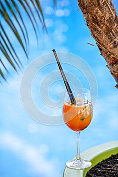 Orange cocktail on swimming pool and palm tree background. Summer vacation concept. Rrefreshing beverage