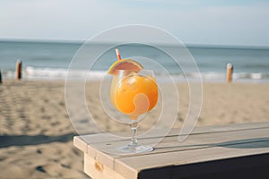 orange cocktail on wooden table and paradisiacal beach with the sea in the background. Copy space. Ai generative