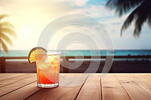 orange cocktail on wooden table and paradisiacal beach with the sea in the background. Copy space. Ai generative
