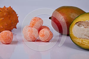 Orange color fresh ball sweets candy sugar free organic healthy food tasty flavor juicy fruit mango or cosmetic scrub for body