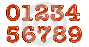 Orange color letters, alphabet, numbers zero, one, two, three, four, 3d illustration