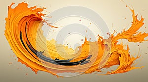 Orange Color Oil Paint Spilling Over on Canvas in Chinese Style Circular Traces Thick Line White Background