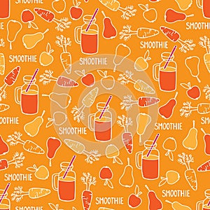 Orange color smoothie seamless pattern. Detox and healthy eating concept. Hand drawn vector background with carrot