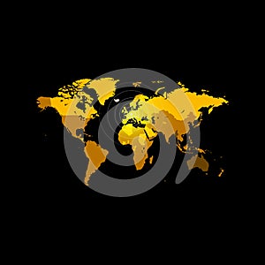 Orange color world map on black background. Globe design backdrop. Cartography element wallpaper. Geographic locations