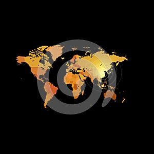 Orange color world map on black background. Globe design backdrop. Cartography element wallpaper. Geographic locations photo