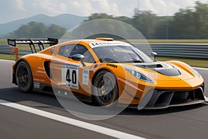 Orange Colored Racing Car Illustration on the track in stadium with hill forest in background