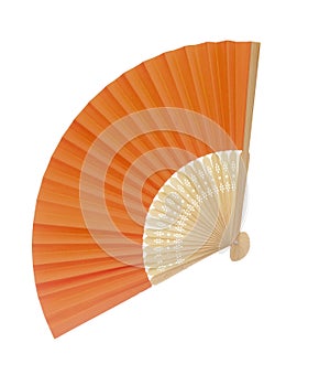 Orange colour paper and wood, maybe bamboo, fan isolated on white background. No plastic.