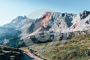 Orange and colourful mountain peak of Italian mountain range