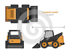 Orange compact loader. Side, front amd top view. Isolated drawing of mini bulldozer. Industrial blueprint