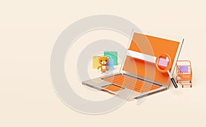 Orange computer monitor with store front,cart,paper bags,magnifying glass,blank search bar,teddy bear isolated on pink background,