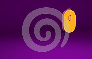 Orange Computer mouse gaming icon isolated on purple background. Optical with wheel symbol. Minimalism concept. 3d