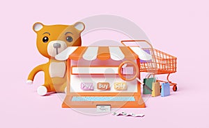 Orange computer with store front,electronic bill payment,cart,paper bags,magnifying,blank search bar,teddy bear isolated on pink ,