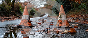 Orange Cones on Wet Road