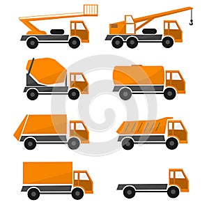 Orange construction cars , collection industrial truck, types automobiles, set icon vehicles