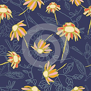 Orange and coral hand drawn flowers on navy lilac textured background seamless pattern.