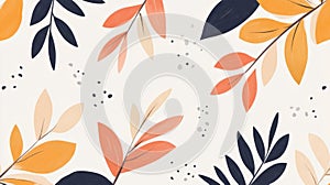 Orange Coral Peach and Dark Blue Leaves Pattern on White Background