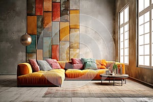 Orange corner velvet sofa with colorful cushions against of grid windows near concrete wall with grunge multicolored tiled mosaic