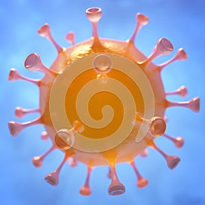 Orange coronavirus molecule or bacteria in the air close-up. 3D illustration.