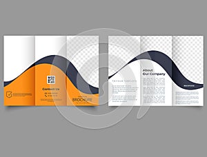 Orange corporate trifold brochure with waves. lyer report template. design vector illustration. Modern trifold template.