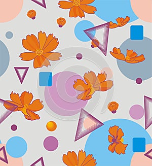Orange cosmos flowers with geometric shapes of triangles, circles, squares
